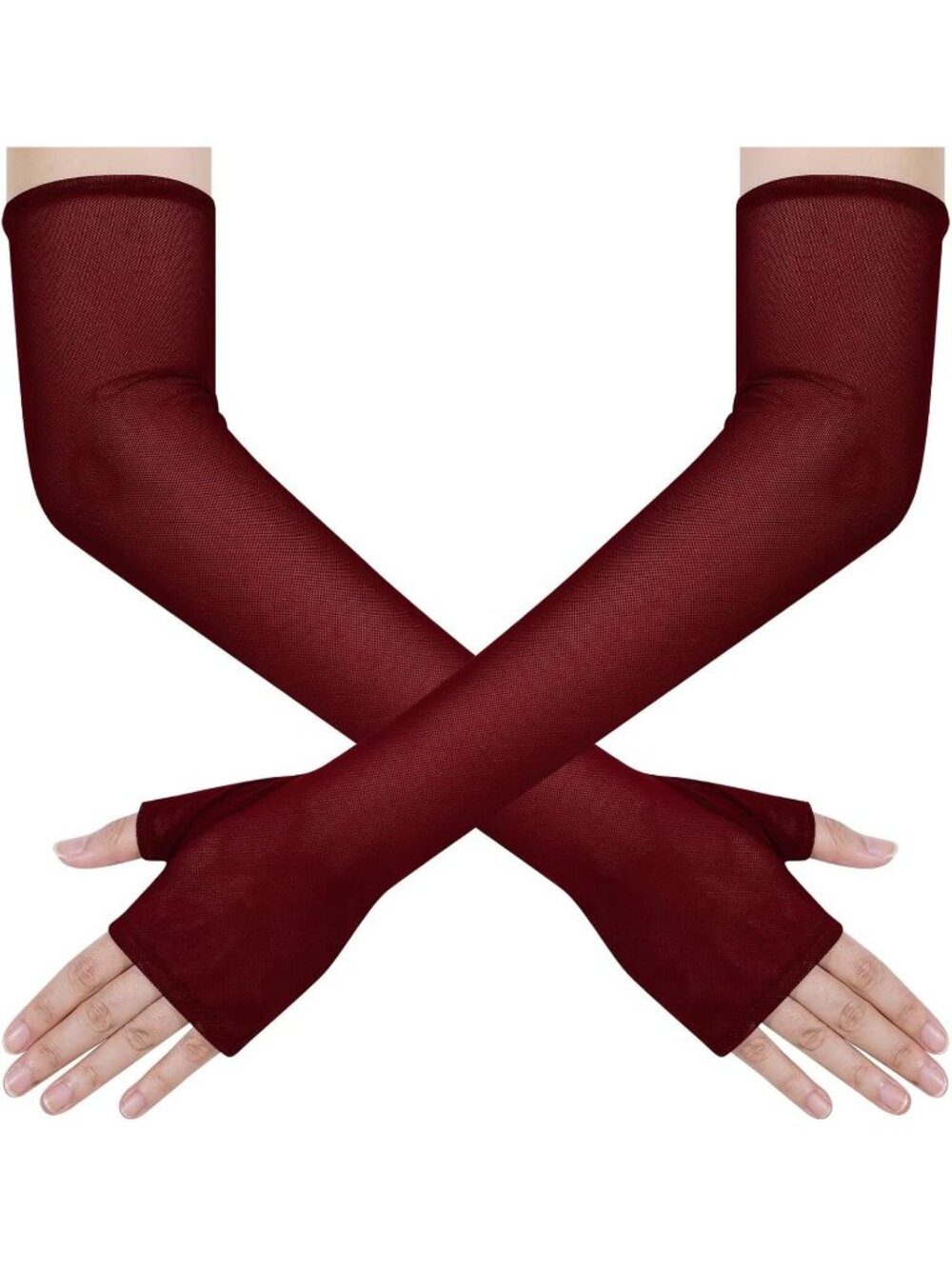 Women's Burgundy Elbow Length Tulle Mesh Long Fingerless Opera Party Sheer Glove
